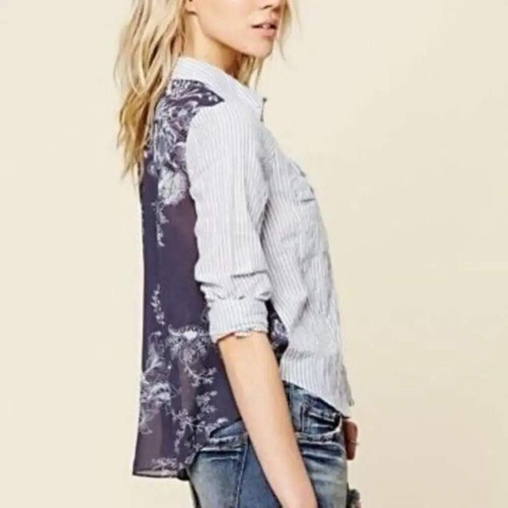 Free People Party in‎ The Back Striped Sheer Floral Shirt Blouse Top Button Sz M